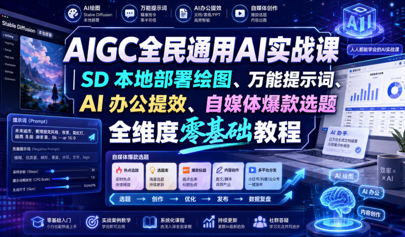 AIGC全民通用AI实战课｜SD本地部署绘图、万能提示词、AI办公提效、自媒体爆款选题全维度零基础教程-云宸阁の小屋