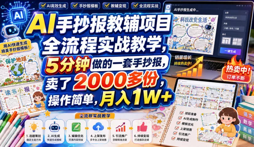 AI手抄报教辅项目全流程实战教学，5分钟做的一套手抄报，卖了2000多份，操作简单，月入1W+-云宸阁の小屋