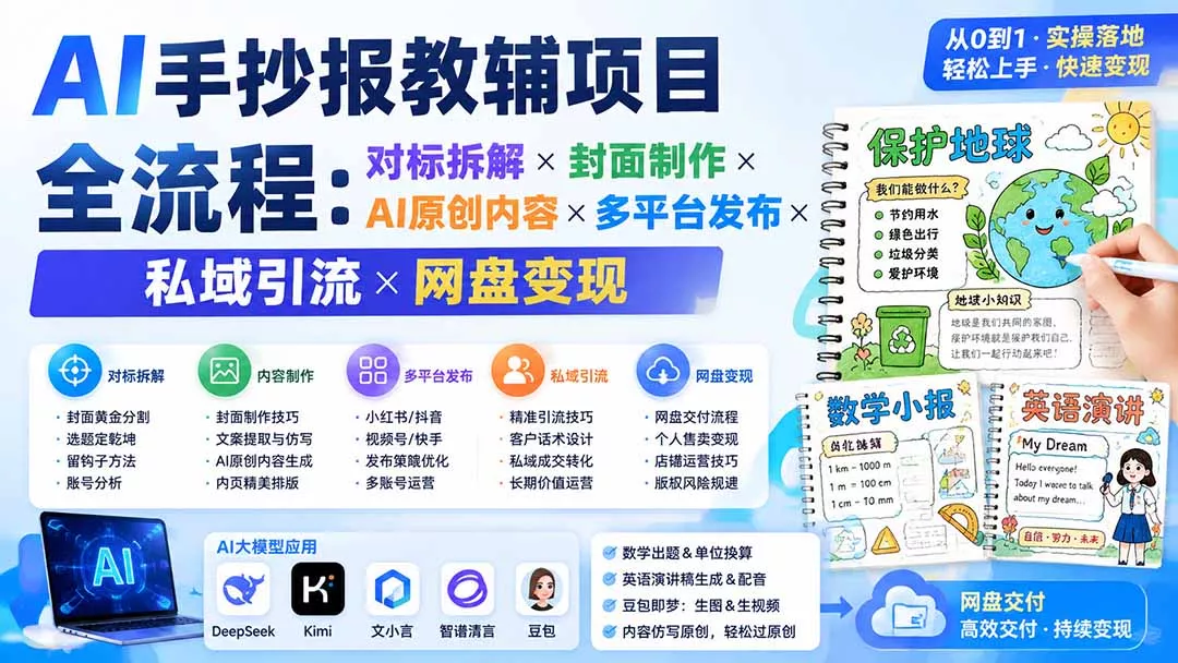AI手抄报教辅项目全流程：对标拆解×封面制作×AI原创内容×多平台发布×私域引流×网盘变现-云宸阁の小屋